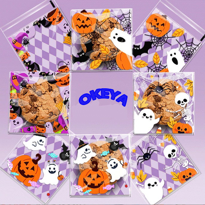 ハロウィーン袋 プリント OPP袋 ラッピング袋 お菓子 テープ付 ビニール袋 (100枚セット)