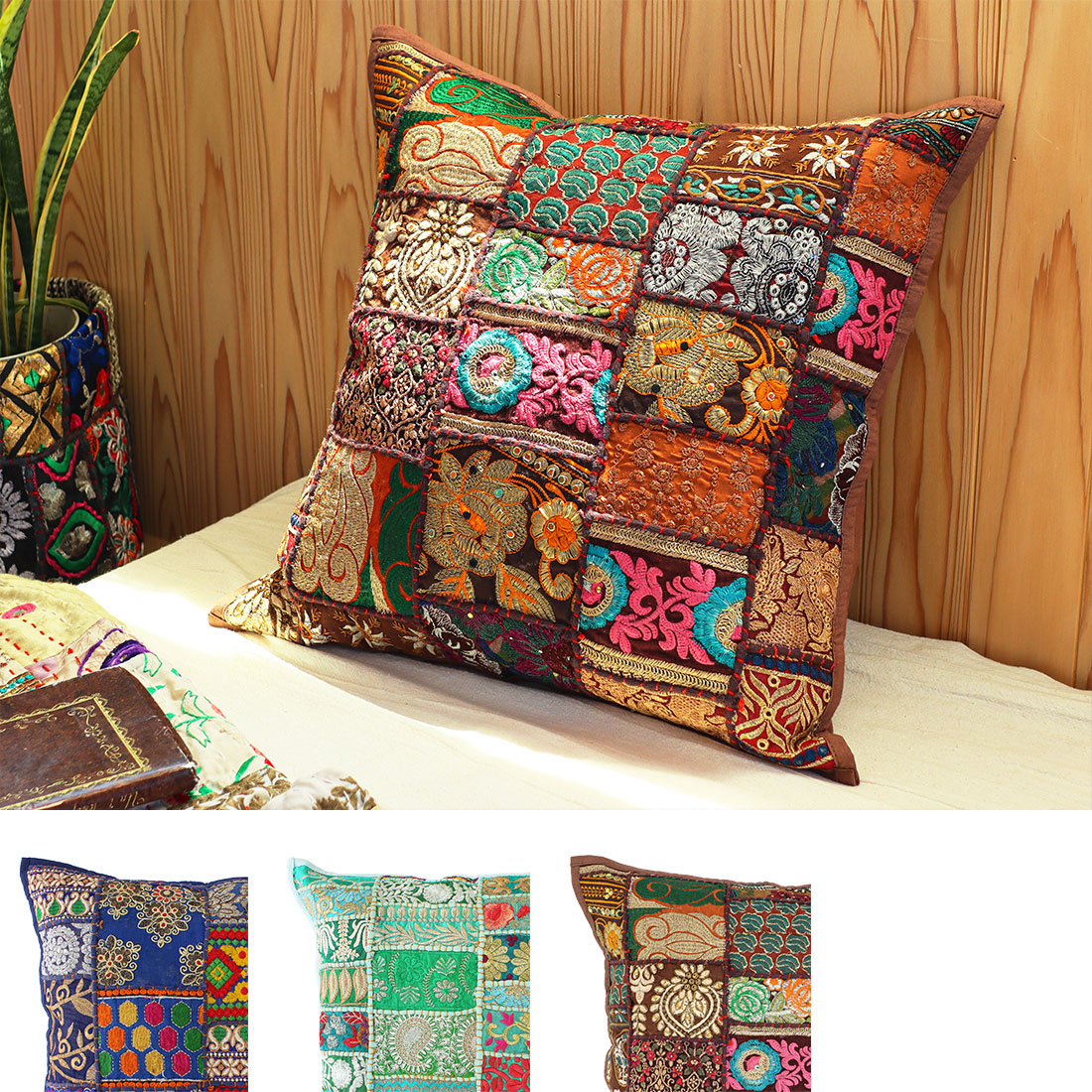 カンバディアパッチ クッションカバー[インド 刺繍 パッチワーク アジアン エスニック]