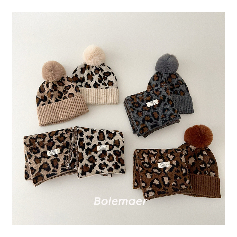 2024」子供用☆帽子☆ニット帽子☆マフラー帽子キッズ☆防寒☆ヒョウ柄