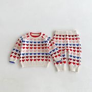 [80-130cm]  女の子 ラウンドネック ニットトップス セーター ハート ニットパンツ ボトムス 秋冬 子供服