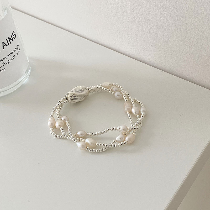 パールとシルバーの3連風ブレスレット S925 シルバーアクセサリー アレルギー対応 おしゃれ 大人かわいい