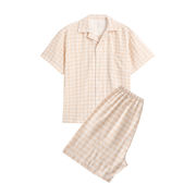 日本式無印風良品綿二重糸パジャマ女性綿半袖パジャマ夏綿半袖ホームウェア(男) 二重糸半袖半ズボンベー