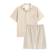 日本式無印風良品綿二重糸パジャマ女性綿半袖パジャマ夏綿半袖ホームウェア(男) 二重糸半袖半ズボンベー