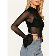 レディースセクシーレース長袖メッシュシャツ インナー用セクシーベスト110019