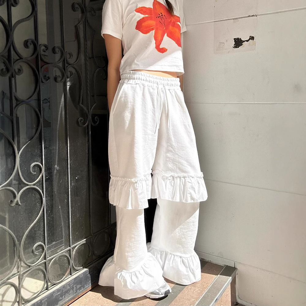 フリルワイドパンツ レディース INS 韓国ファッション デザイン