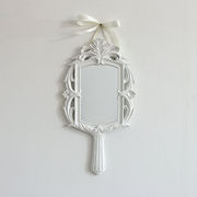 【直送可】手鏡型ウォールアートミラー　鏡　壁飾り　壁掛け　リボン付き　ホワイト