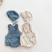 INS 夏物 ベビー用 デニムオーバーオール ワンピース ハイツ 新生児用 ロンパース+ 帽子 子ども服
