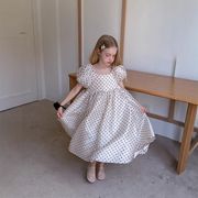 子ども服 2025 女の子用 韓国風 ドット プリンセスドレス 子ども用 バブルスリーブ ドット レースドレス