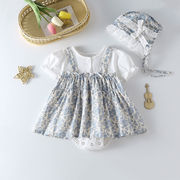 ins 夏新作　ベビー服　女の子　ボンネット付き　フェイクレイヤード　花柄　ロンパース　子供服　可愛い