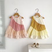 女の子ワンピース 子供用配色ノースリーブワンピース 夏用薄手 タンクトップ風 お姫様風スカート
