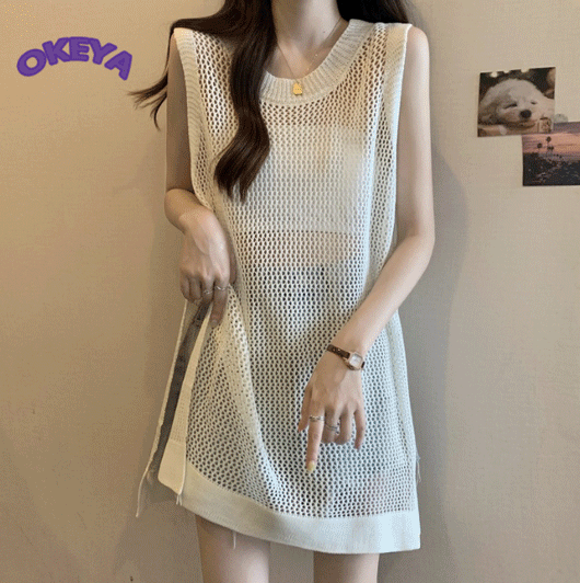 2025年夏新作　レディース服　ワンピース　ブラウス　ニット生地　お出かけ　透かし彫り　3色展開