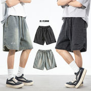 メンズ 裾スリット デニムショーツ 夏新作 アメカジ風 バイカラー刺繍 ワイドシルエット★全2色