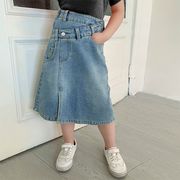 夏新作 女の子用 デニムスカート 不規則カット ハイウエスト 韓国風セミフレアスカート