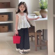 春夏新作 韓国風子供服 キッズ 3-8歳ガール ドット柄花柄 シャツ上着+ワイドパンツ 上下セット 5-13