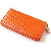 MOMO　シープレザー羊革　編み込みメッシュ　男女兼用　ラウンドロングウォレット　E-031M　橙