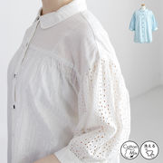 綿混カットワーク×ラメストライプブラウス コットン 天然素材 刺繍 刺しゅう チュニック ぽわん袖 羽織