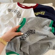 子供用半袖Tシャツ 2025 男女兼用 カラーブロック＆ロゴデザイン 丸首Tシャツ