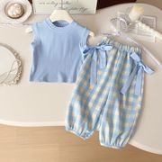 [90-130cm]  女の子セットアップ ノースリーブトップス＋チェック柄パンツ キッズ 夏のカジュアル