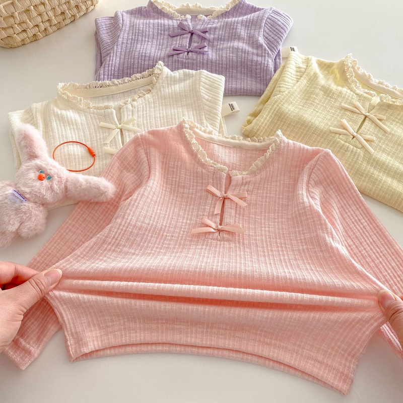 XZY☆女の子インナー 2025春 ベビー蝶結び長袖Tシャツ 無地春服