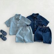 全2色[80-130cm] キッズ韓国風デニムセットアップ おしゃれ半袖トップス＋デニムパンツ上下2点セット