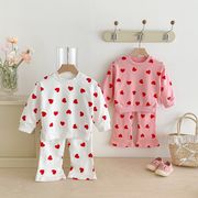 全2色[80-130cm] 子供 韓国風 ハート柄スウェットセットアッブ 上下セット トップス＆パンツ 男女兼用