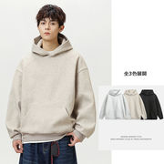 メンズ 秋新作 360gヘビーウェイト メルトン調 無地ビッグシルエット フーディー パーカー トップス★全3色