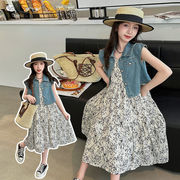 2025秋※女の子用 セットアップ 花柄ワンピース＋デニムベスト Aラインワンピース