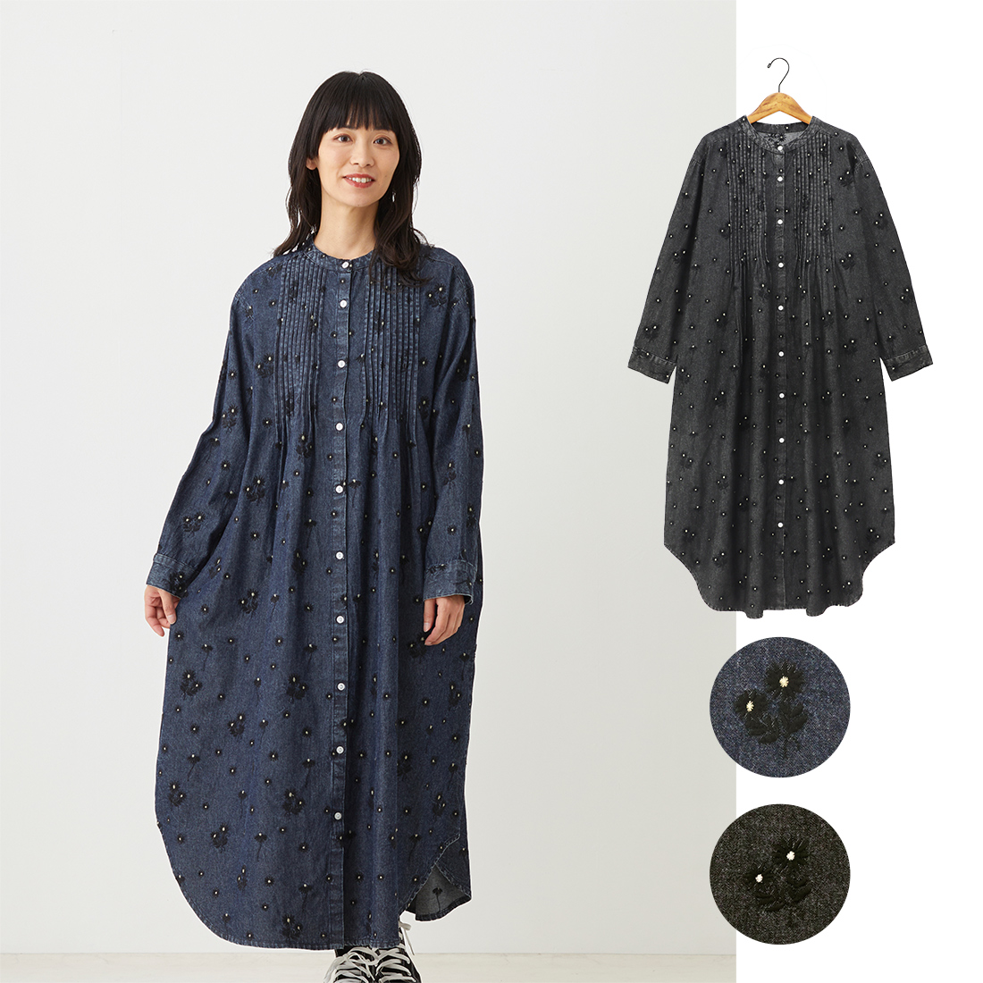 【Shanti Shanti】ワンピース マーガレット[デニム長袖刺繍カジュアルナチュラル秋冬25AW]
