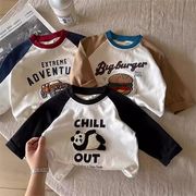 春秋新作 アップリケ付き子供用Tシャツ 男の子用 長袖 綿素材 カラバリ豊富なベースシャツ