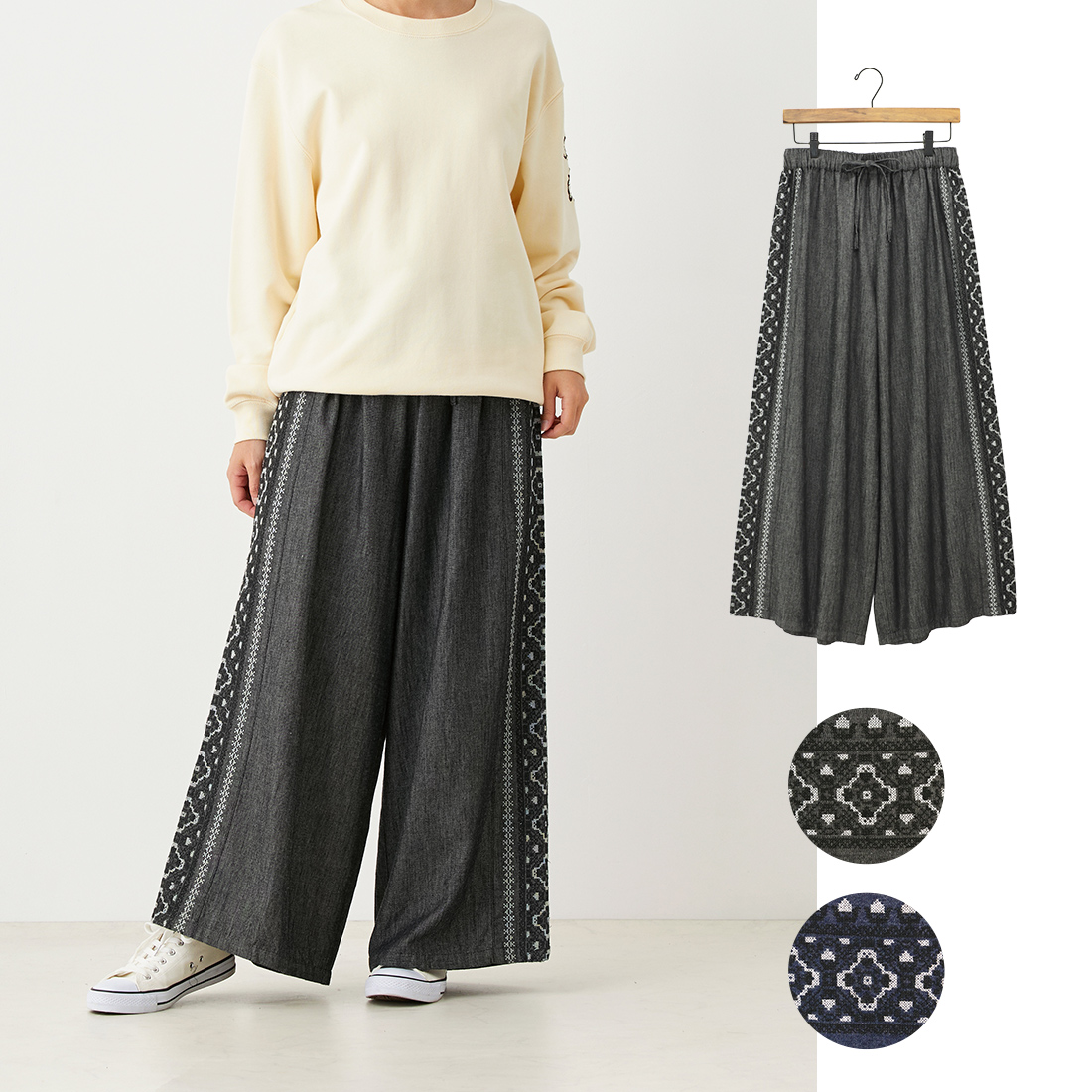 【PORINA】サイドラインパンツ デニムエンブ[レディースゆったり刺繍カジュアルアジアン秋冬25AW]
