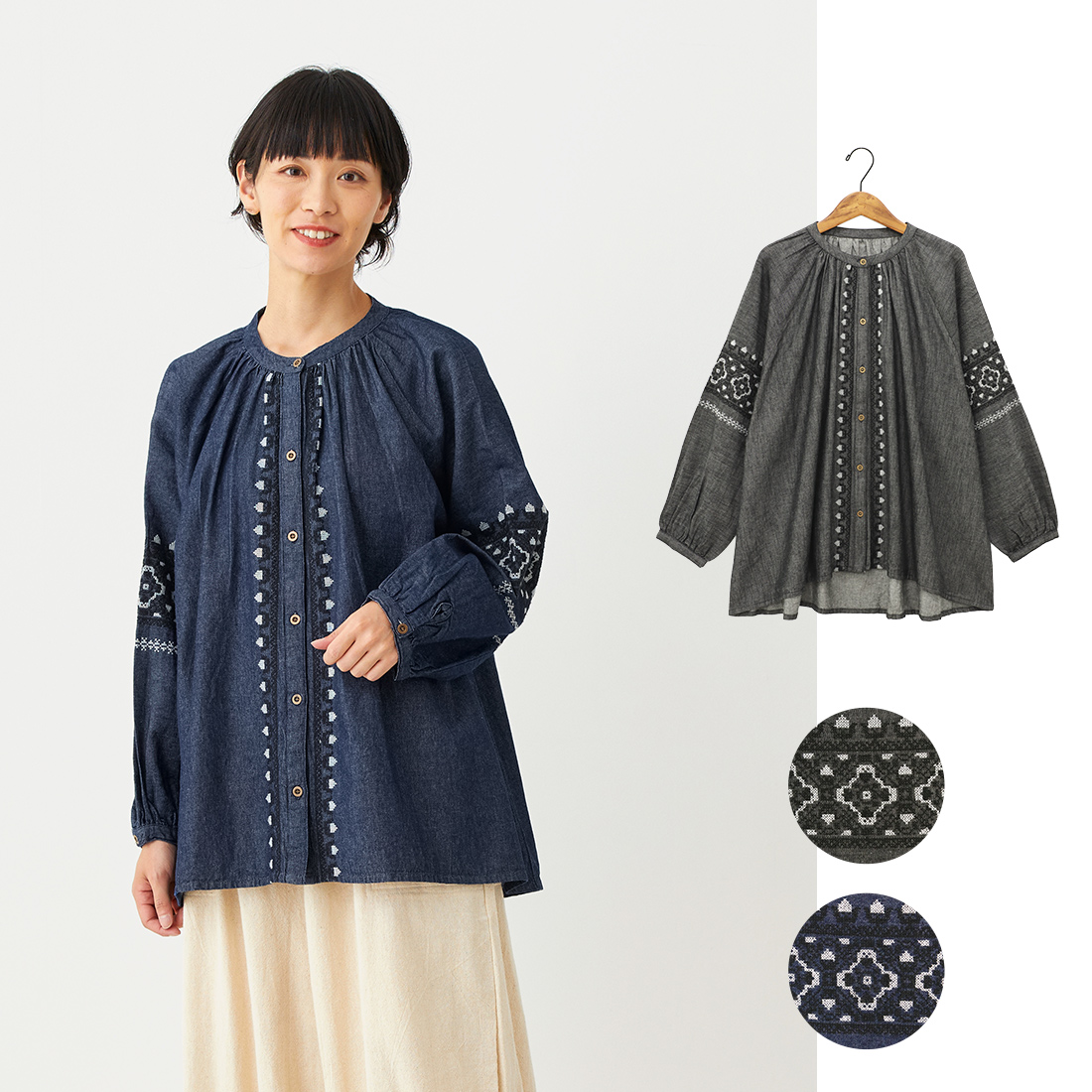【PORINA】ブラウス デニムエンブ[レディースゆったり刺繍カジュアルアジアン秋冬25AW]