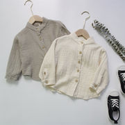 ins　秋新作　子供服　リネン　シャツ　長袖　しわしわ　ブラウス　カジュアル　ユニセックス　トップス