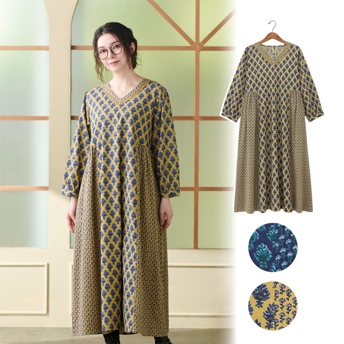 【Shanti Shanti】ワンピース ブーケ[レディース長袖ゆったりブロックプリントボタニカルアジアン秋冬25AW]