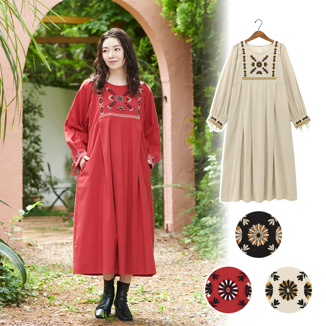 【Shanti Shanti】ワンピース クリンプ[レディース長袖ブロックプリント東欧刺繍アジアン秋冬25AW]