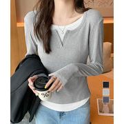 【日本倉庫即納】 レイヤード風Tシャツ スリットネック秋服