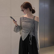 ワンオフショルダーギャザーリボンシアートップス　レディース　ファッション