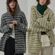 初回送料無料　ストライプフード付きニットセーター長袖カーディガン上着　レディースファッション人気