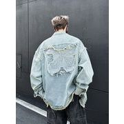 ユニセックス デニムジャケット 蝶刺繍デザイン 水洗加工 美式ストリート カジュアル アウター