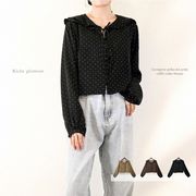 【2025新作】ジョーゼット　ドット柄プリント　フリルカラー　ブラウス(32946)