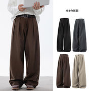 メンズ 秋新作 タック入り スラックス なめらかドレープ感 ワイドストレートパンツ ヴィンテージ風★全4色