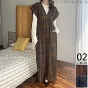 再入荷！【2025新作商品♪】チェック柄シャーリングVネックサロペット