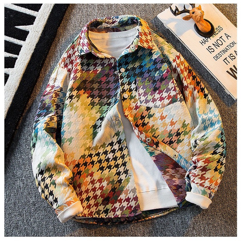 メンズ 長袖シャツ 千鳥格子 グラデーション デザイン ストリート系 ヴィンテージ