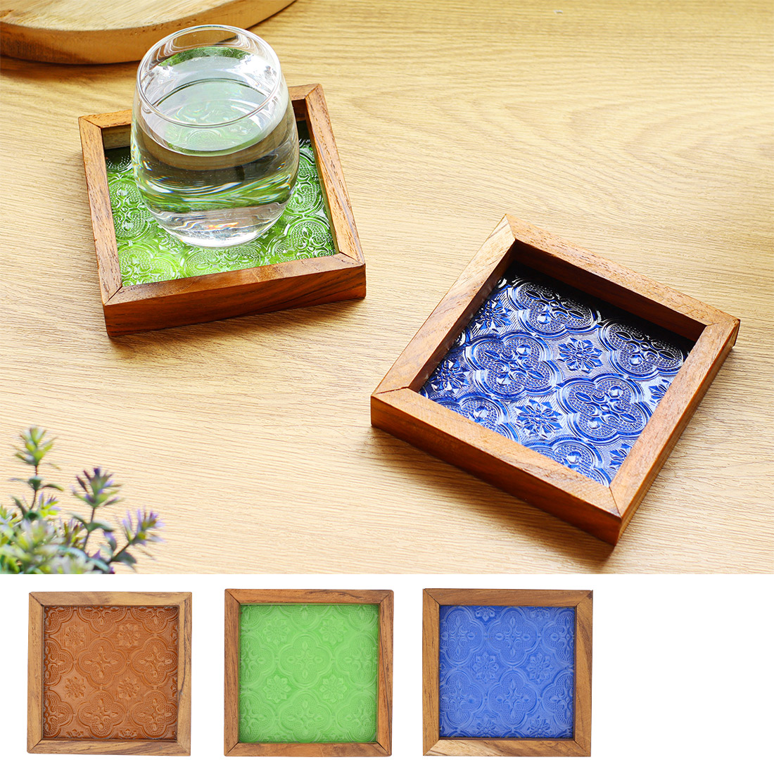 ウッド&エンボスガラス コースター[キッチンガラストレートレイアジアンオリエンタル25AW]