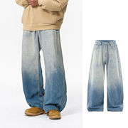 メンズ 秋作 グラデーション ダメージデニムパンツ アメリカンストリート ヴィンテージ加工ワイドパンツ★