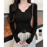 【日本倉庫即納】 カットソー レース切り替え 長袖Tシャツ