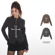 アメリカンレトロショート丈ニットカーディガン レディース ジップアップ おしゃれトップス