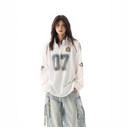 アメリカンレトロVネックルーズフィット長袖Tシャツ レディース スポーティカジュアル上品トップス