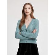 プレミアム品質　透かし編み カシミア ケーブルニット Vネック カーディガン