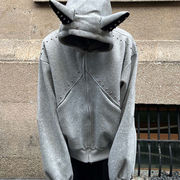 メンズフーディー スタッズ装飾 フルジップ ゆったりシルエット ヴィンテージ調