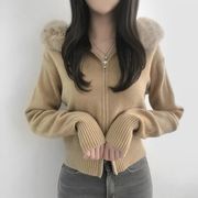 2025年INS 秋冬新作   気質   おしゃれ   厚手  フード付き  ニット ジッパー   コート